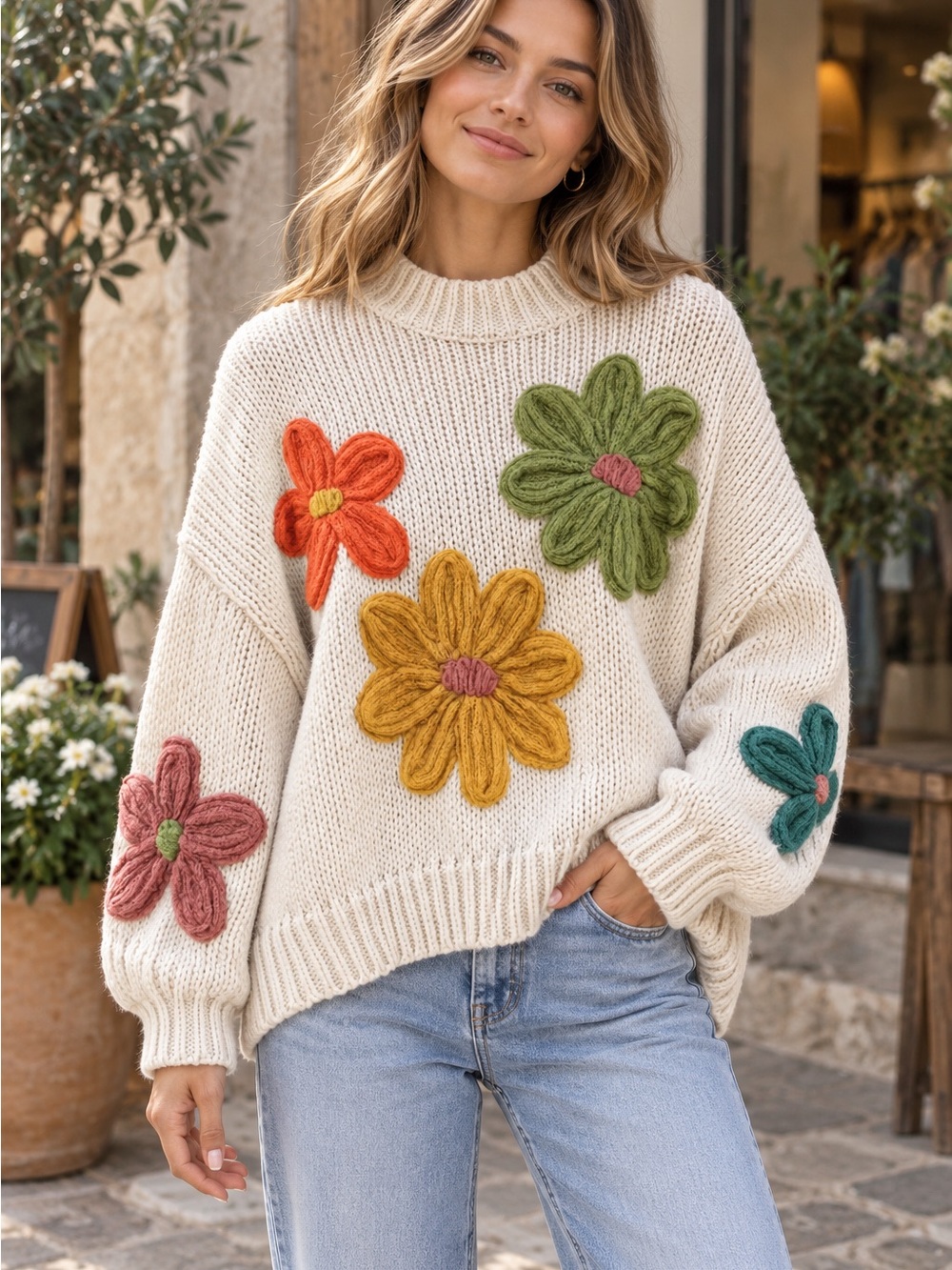 BiBi Crewneck Sweater with Colorful Knit Flower Appliqués (090668) 🌼 ☀️